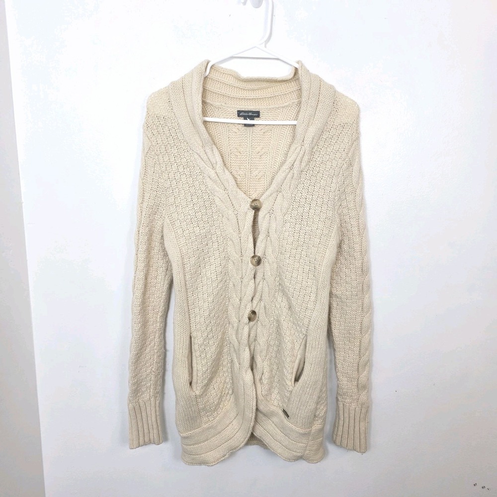 Eddie Bauer Cream Cable Knit Wool Blend Outdoor Button Up Chunky Cardigan Size S